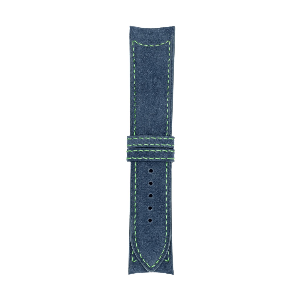 [C20N-1725S] Klassisches Nubuklederarmband in Jeansblau mit grünen Ziernähten (20/20 - 105/70)