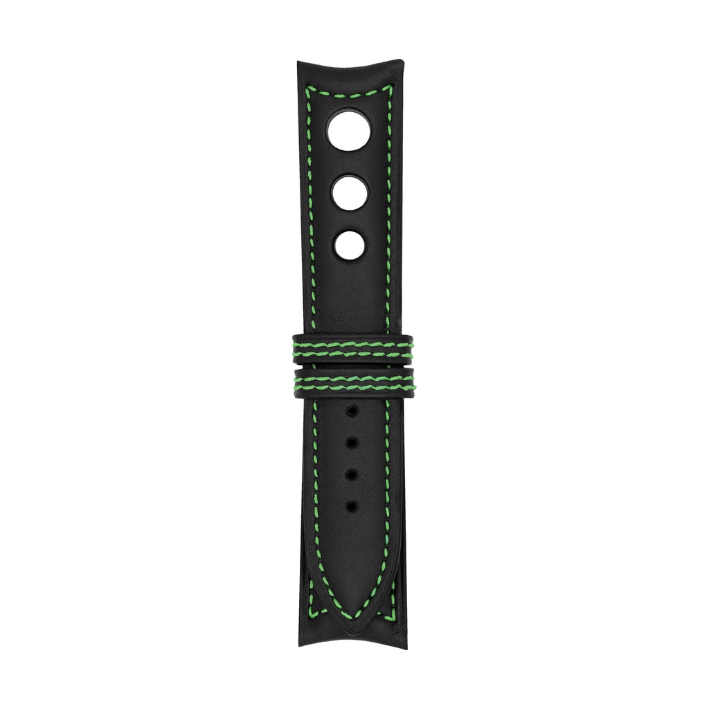 [R20L-1025S] Rally Leather Black Strap,  Stitching Green (20/20 - 105/70)
