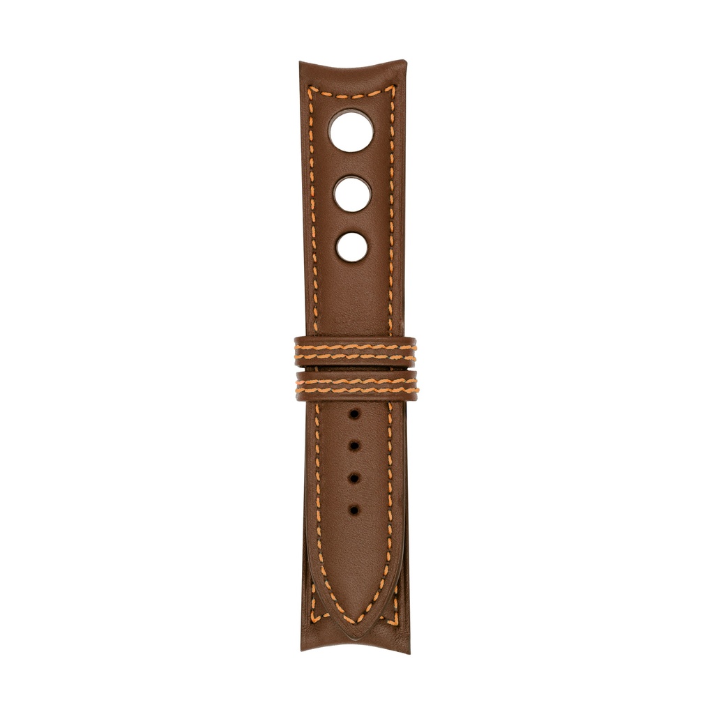 [R20L-1930S] Bracelet Rally en cuir brun châtaigne, surpiqûres orange (20/20 - 105/70)