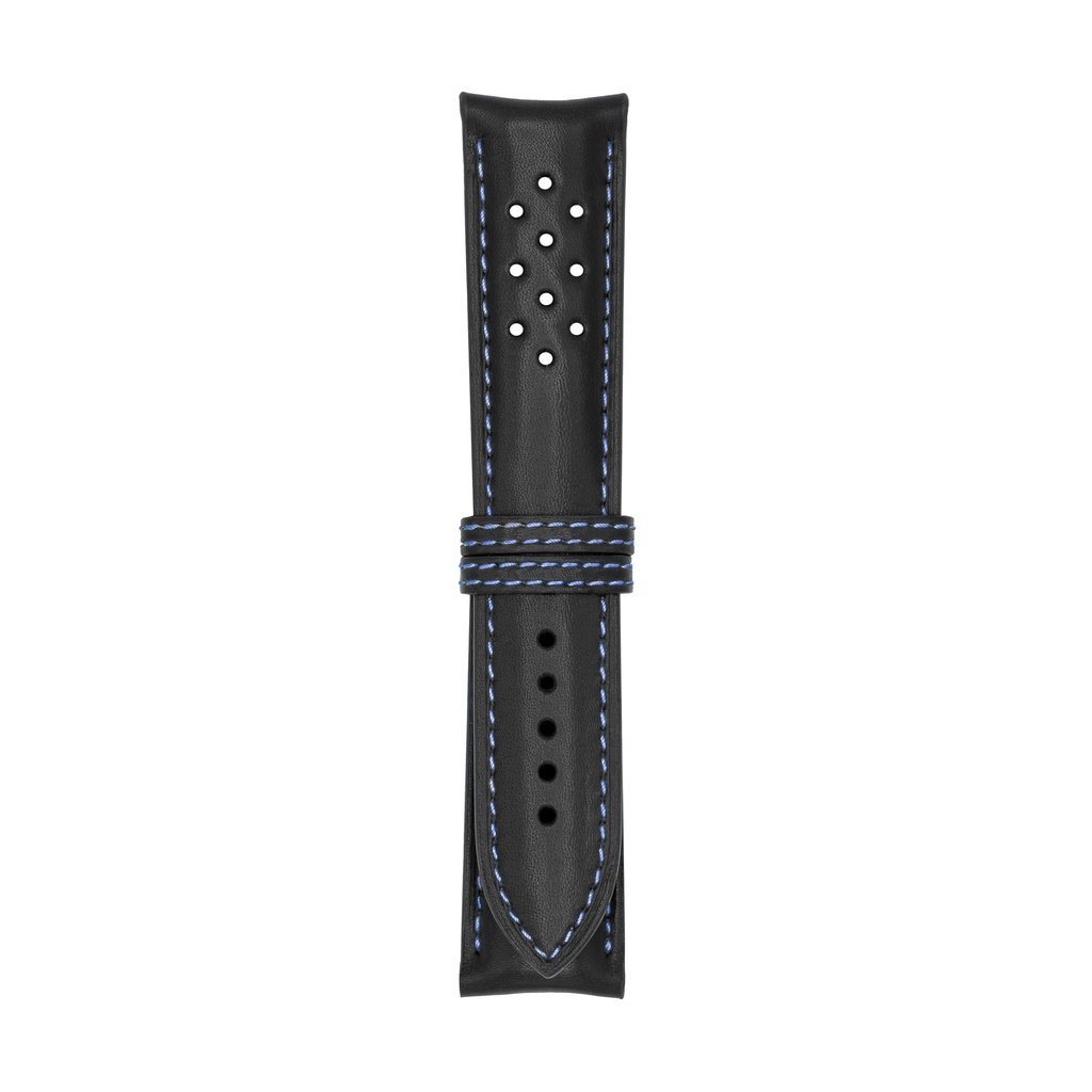 [V22L-1011S] Vintage Leather Black Strap,  Stitching Blue (22/20 - 105/70)