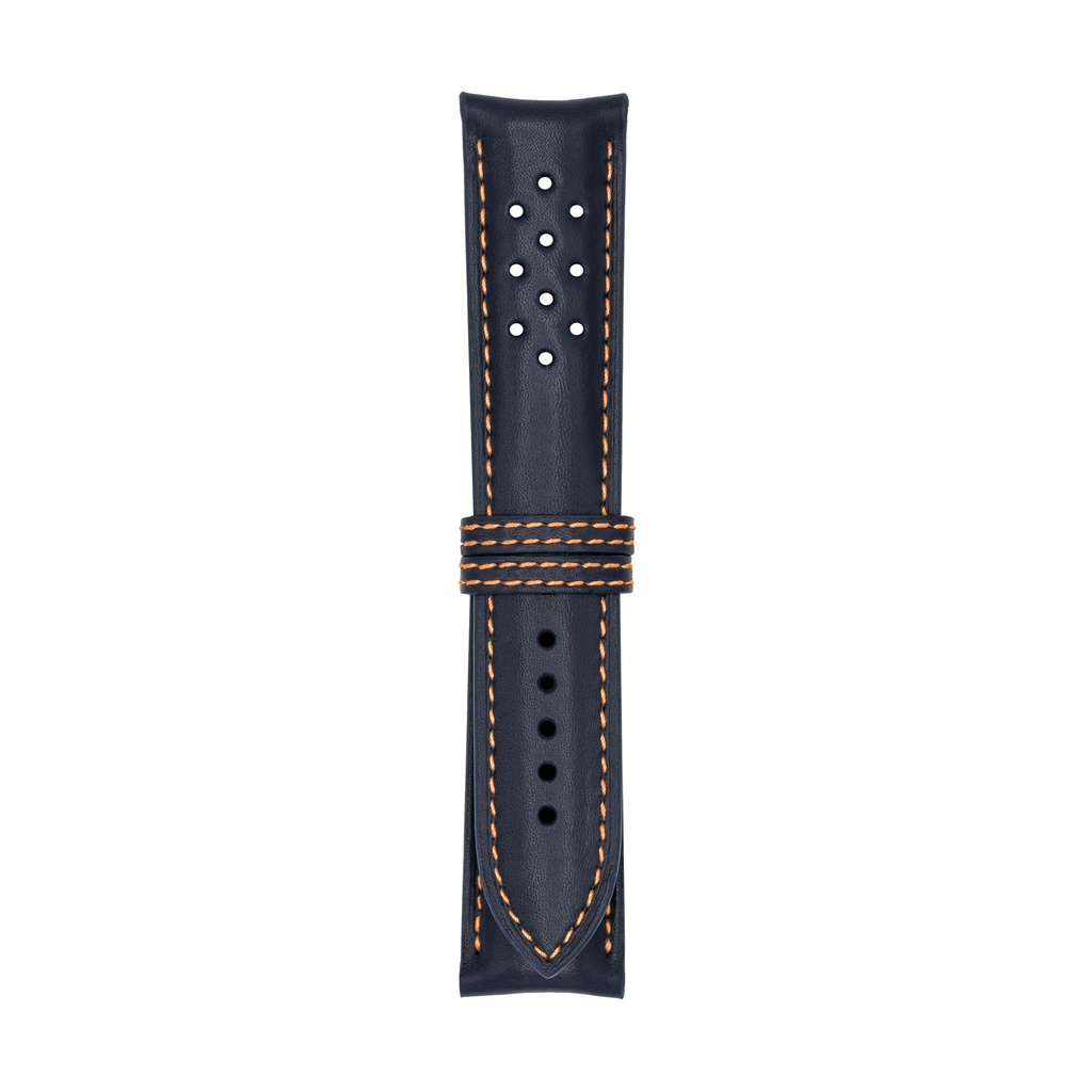 [V22L-1430S] Bracelet Vintage en cuir bleu marine, surpiqûres orange (22/20 - 105/70)